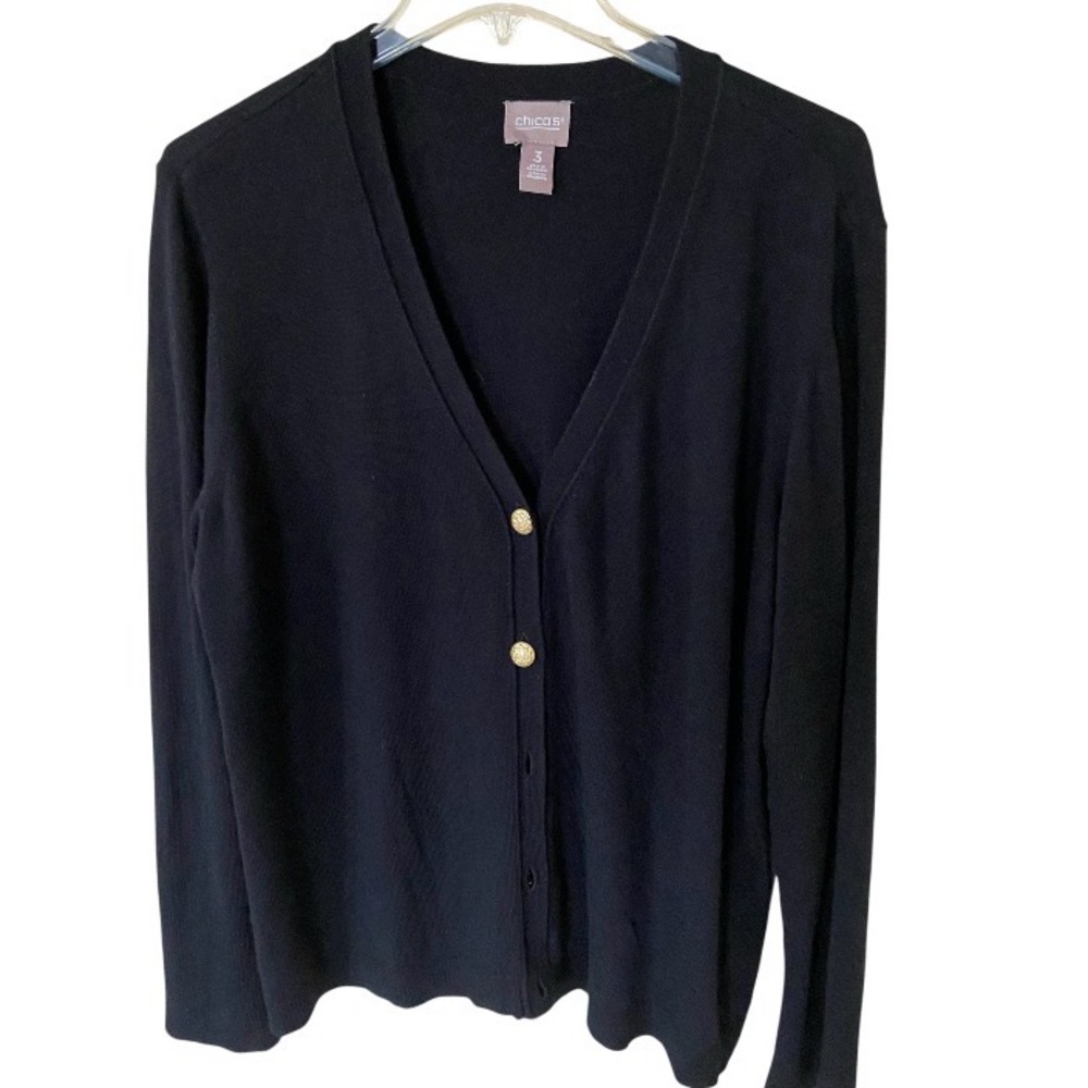 Chico's Elegant Black Cardigan with Gold Buttons size 3 , Rayon/Nylon/Cashmere